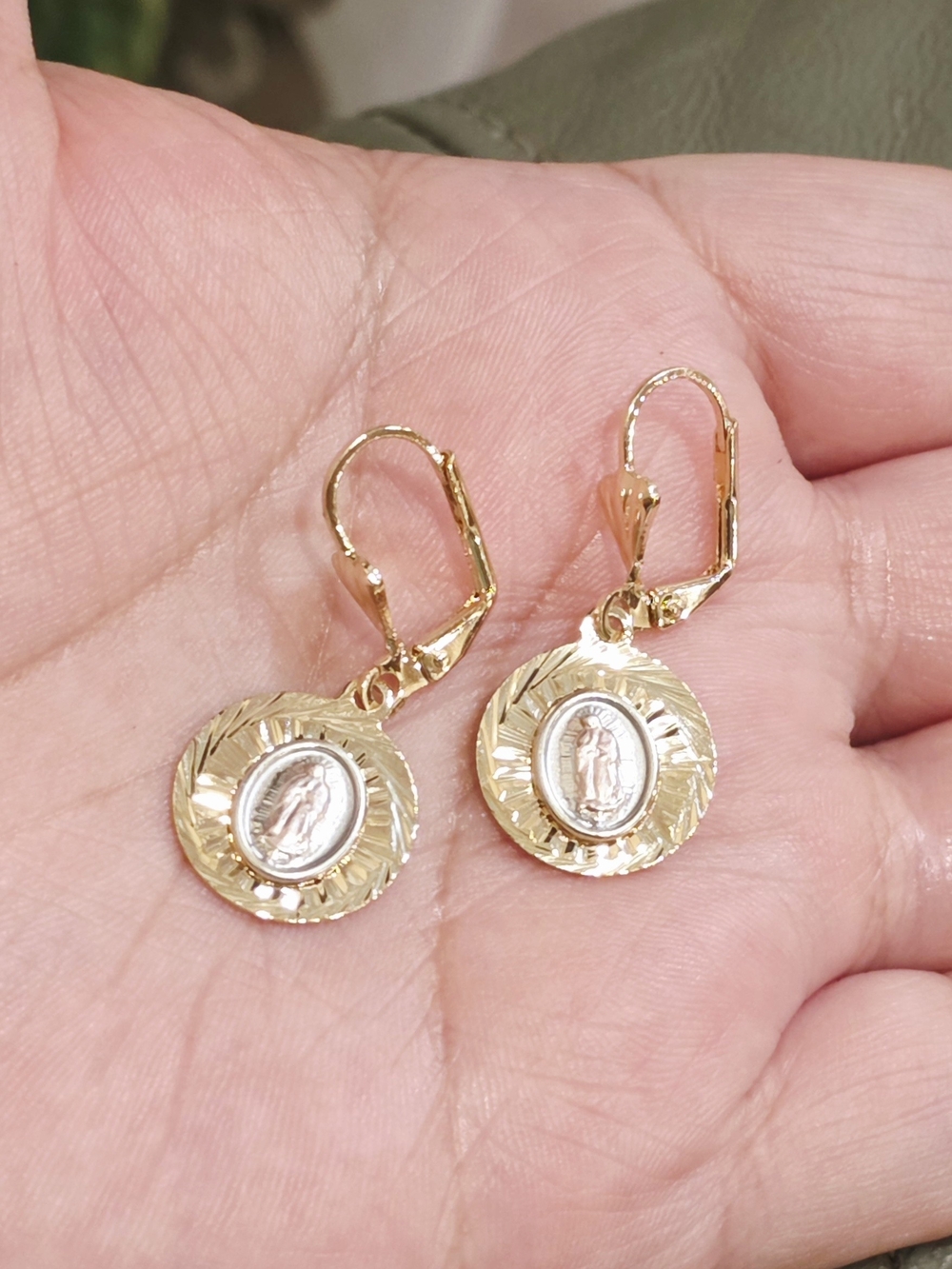 14k Gold PlatedRound Religious Drop Earrings - Gold